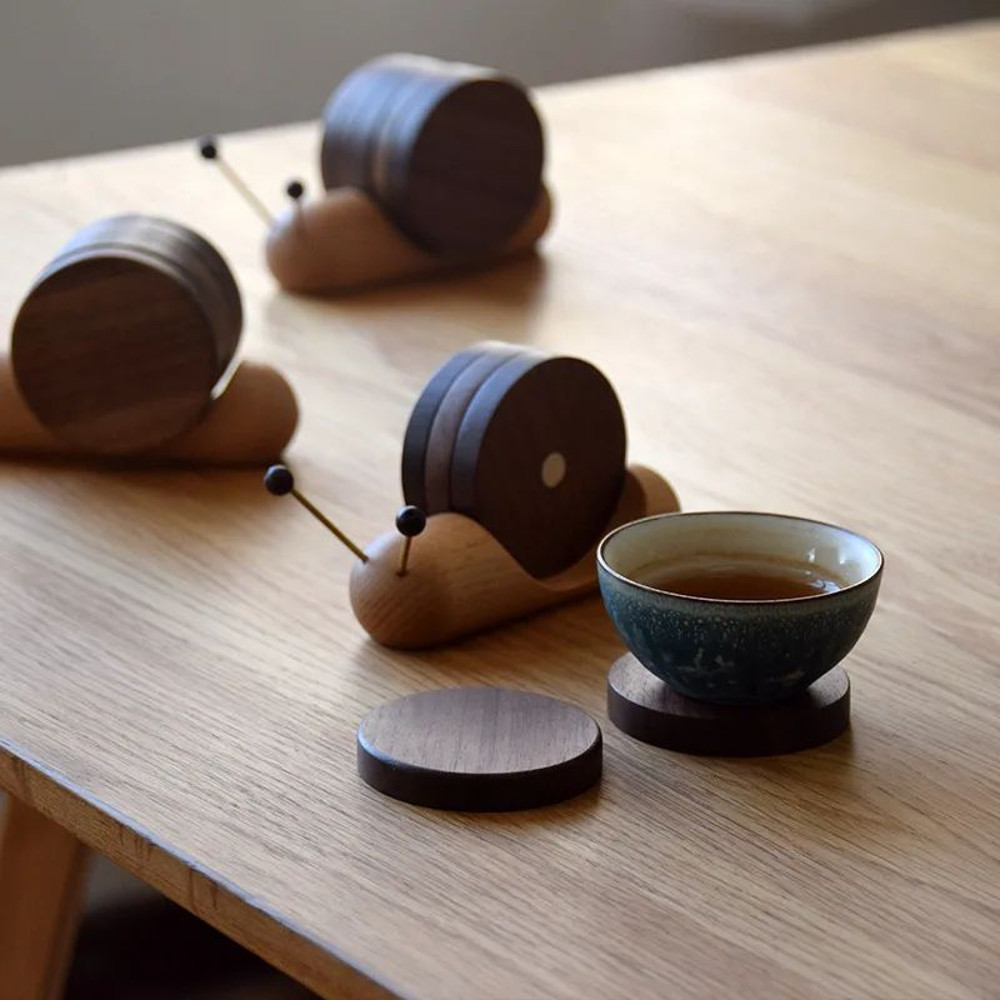 SnailShaped Wood Cup Mat Set  Heat Insulation Table Placemats Wooden Tea Coaster  Tray  Creative Gi 4
