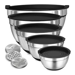 8pcs mixing bowls with airtight lids stainless steel mixing bowl set with non-slip bottoms, black bowls for baking