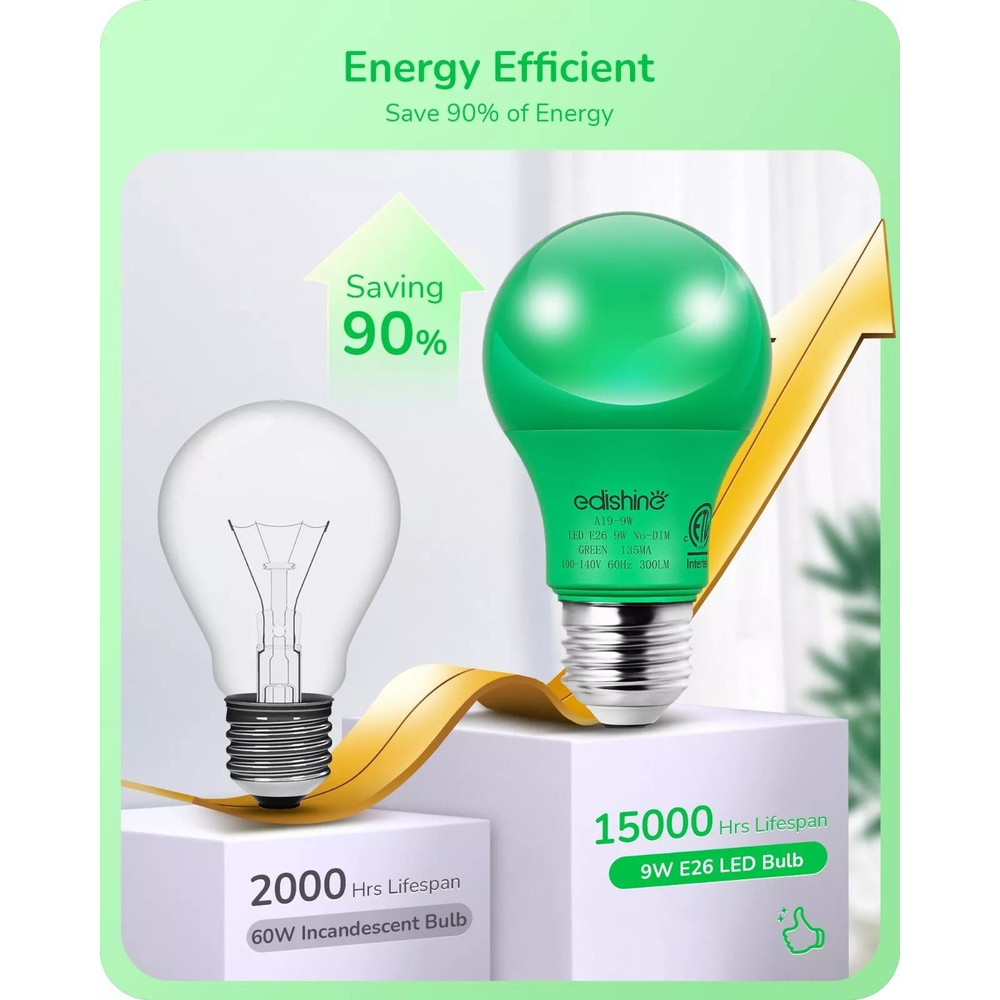 Green Light Bulb 4 Pack A19 LED 9 W E26 60 W Equivalent Eco Bulbs 9