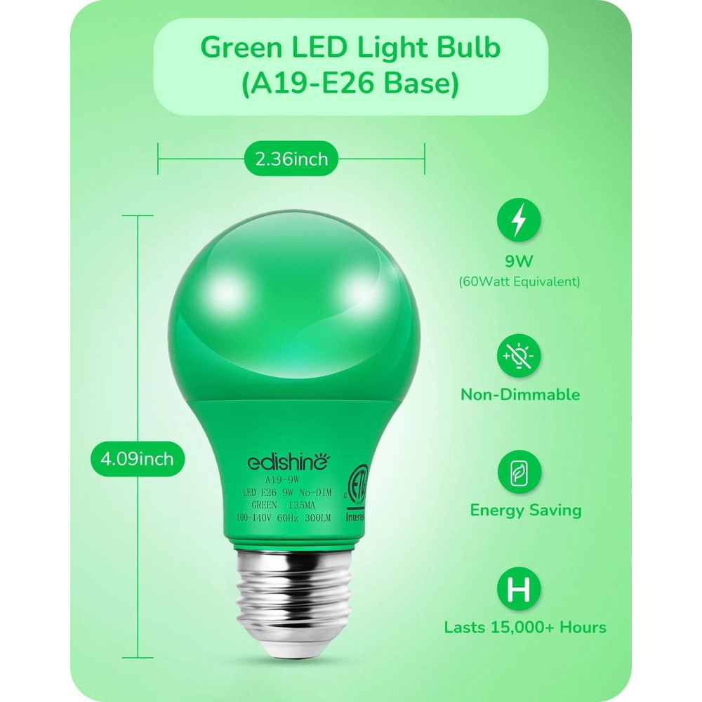 Green Light Bulb 4 Pack A19 LED 9 W E26 60 W Equivalent Eco Bulbs 10