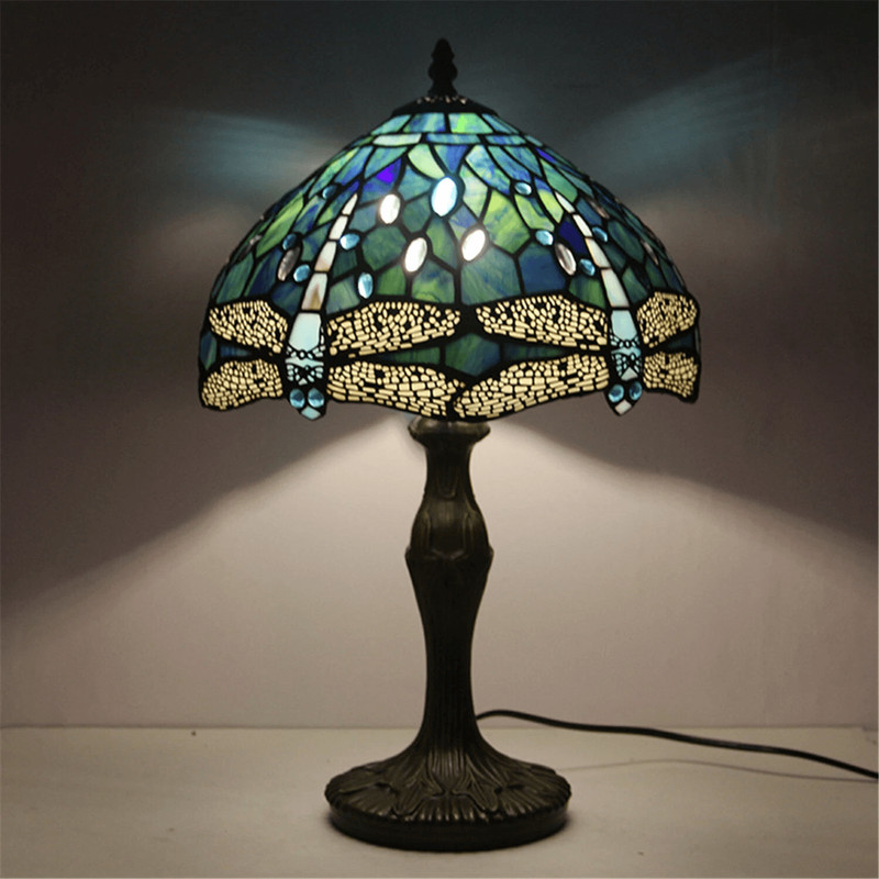 Dragonfly Tiffany Table Lamp Stained Glass Desk Light Retro Brass Resin Base For Living Room Decor 0
