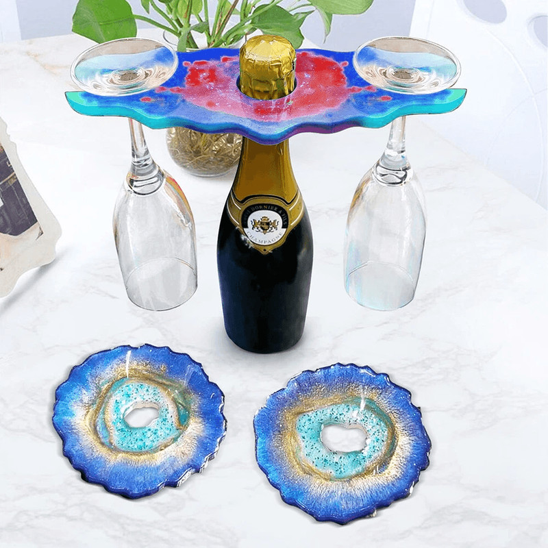 Handmade DIY Epoxy Resin Coaster Molds Silicone Tray With Wine Glass Rack Home Decor Casting Kit 1