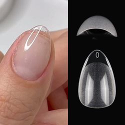 super short almond press on nails, full cover soft gel tips for small nail beds, no file, no glue fake nails