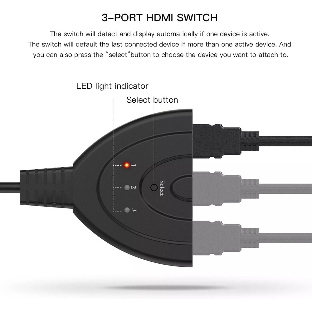 HDMI Switcher Hub Adapter 3Way 1080P Splitter For Gaming HDTV PS4 Xbox Roku Fire Stick 6