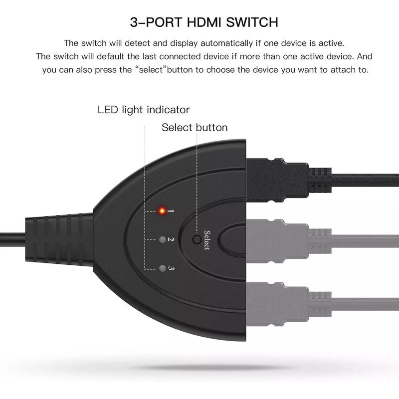 HDMI Switcher Hub Adapter 3Way 1080P Splitter For Gaming HDTV PS4 Xbox Roku Fire Stick 6