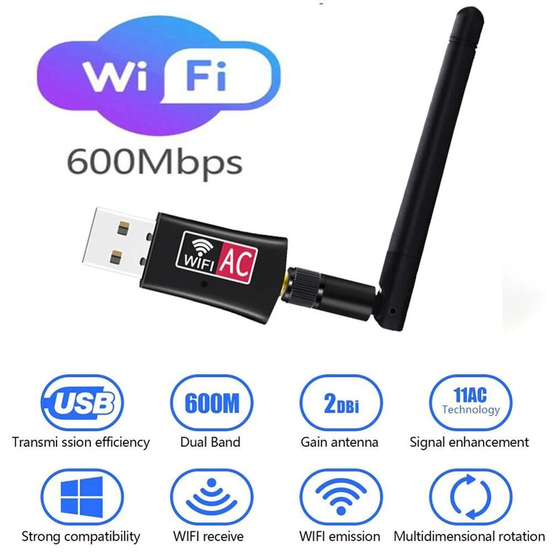 HighSpeed WiFi Adapter 600Mbps USB Dongle Dual Band 24G5GHz 80211AC With External Antenna 0