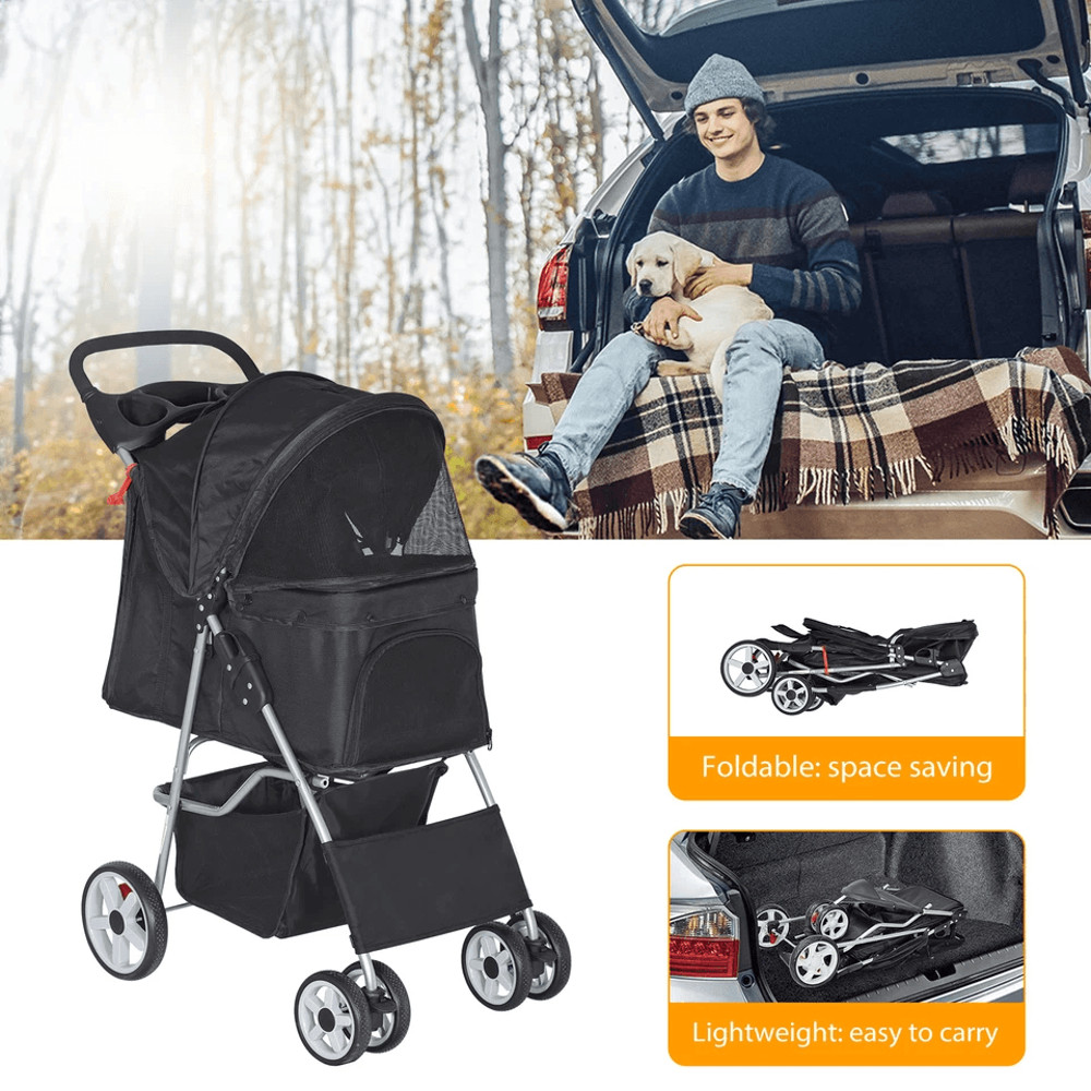 Premium Pet Dog Stroller Travel Carriage 4 Wheel Foldable Pet Carrier Cart With Cup Holder Mesh Can 1