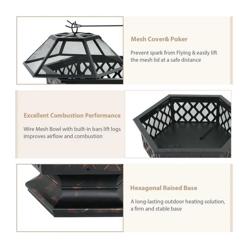 Hex Shaped Fire Pit Fireplace Bronze Finish Outdoor Firepit For Backyard Garden 3