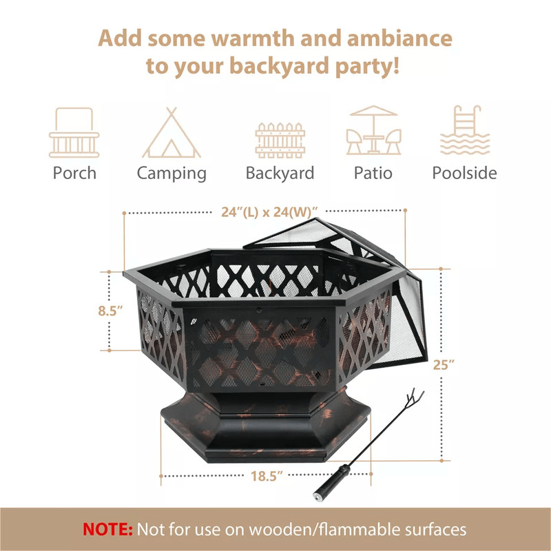 Hex Shaped Fire Pit Fireplace Bronze Finish Outdoor Firepit For Backyard Garden 2