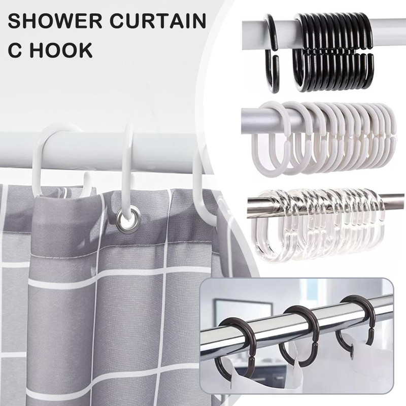 12PCS Plastic C Type Shower Curtain Hook Hangers, Durable Bath Drape Loop Clips for Easy Glide Replacement
