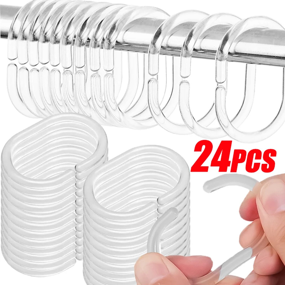 Transparent Shower Curtain Rings, C-Type Hooks Reusable Bathroom Curtain Hangers Rust-Proof Plastic Clips
