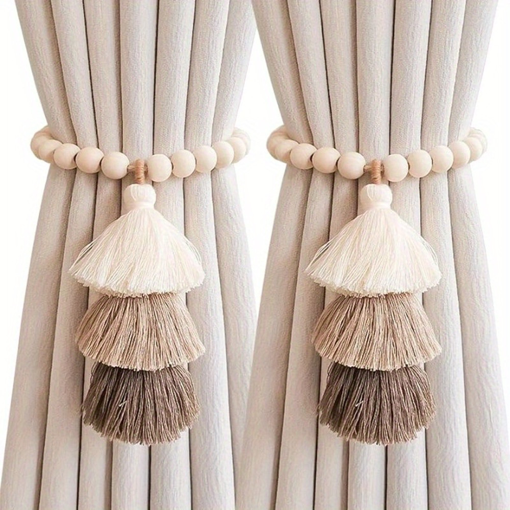 2pcs Bohemian Farmhouse Curtain Ties, Handmade Wooden Bead Curtain Holdbacks for Bedroom, Living Room & Home Decor