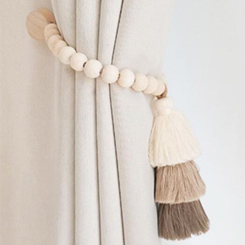 2pcs Bohemian Farmhouse Curtain Ties, Handmade Wooden Bead Curtain Holdbacks for Bedroom, Living Room & Home Decor