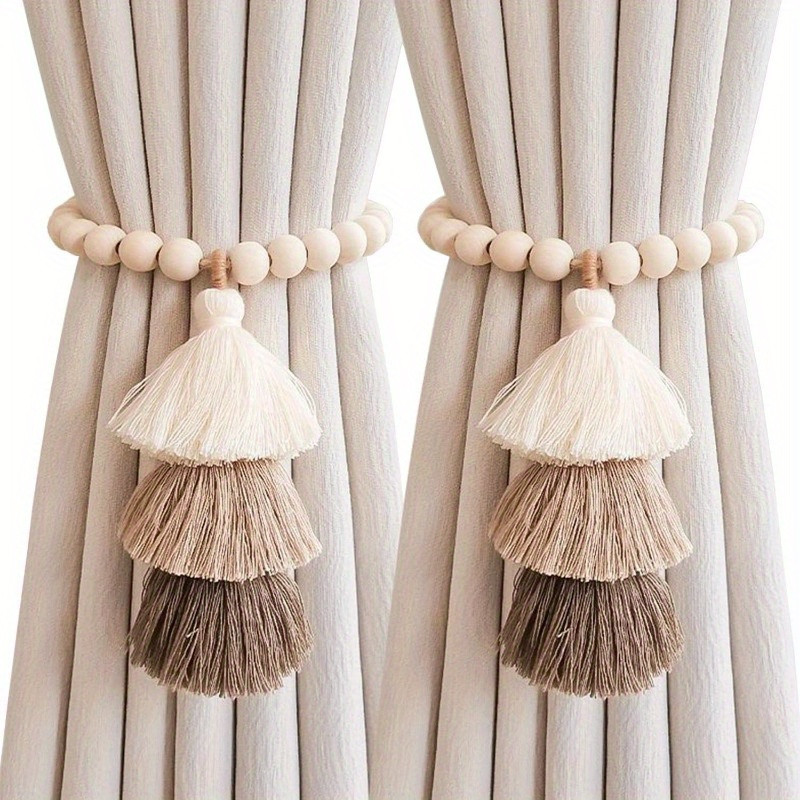 2pcs Bohemian Farmhouse Curtain Ties, Handmade Wooden Bead Curtain Holdbacks for Bedroom, Living Room & Home Decor