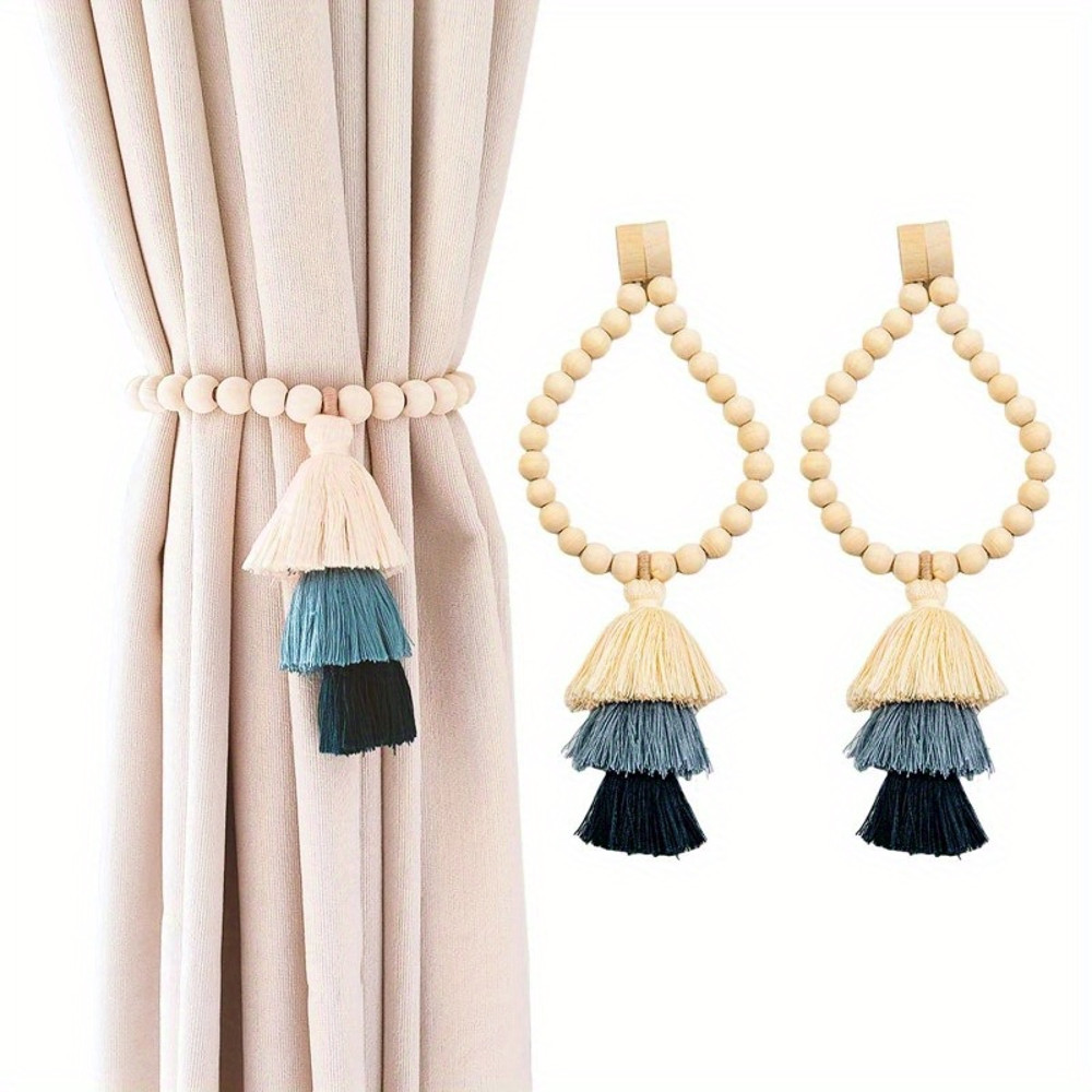 2pcs Bohemian Farmhouse Curtain Ties, Handmade Wooden Bead Curtain Holdbacks for Bedroom, Living Room & Home Decor