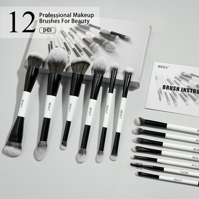BEILI Makeup Brushes 12 Pieces, Eyeshadow Eyeliner Concealer Brush, Double-Sided Face Brush