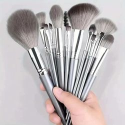 professional silver makeup brushes set, grey powder blush concealer, eyeshadow eyeliner face beauty tools