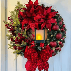 pre-lit christmas wreath with led lantern & bow for doors, walls & holiday decor