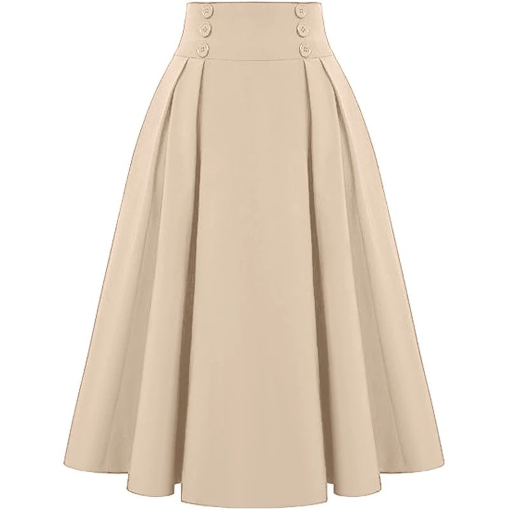 Women Solid Long Skirts Vintage High Waisted Pleating Jupe Spring Aline Skirts Fashion Buttons Maxi 0