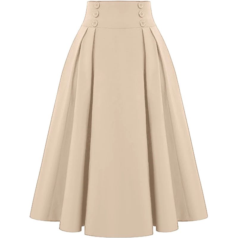 Women Solid Long Skirts Vintage High Waisted Pleating Jupe Spring Aline Skirts Fashion Buttons Maxi 0