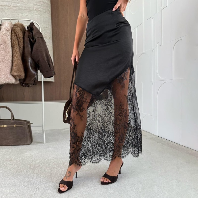Women High Waist Lace Skirts Fashion Slim Hollow Out Autumn Patchwork Boho Maxi Skirt Casual Office 0