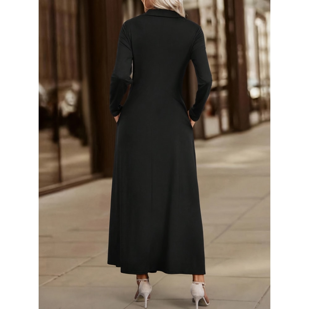 Womens Elegant Solid Maxi Dress With Pockets Simple Long Skirt Slim Long Sleeves Shirt Dress Spring 1