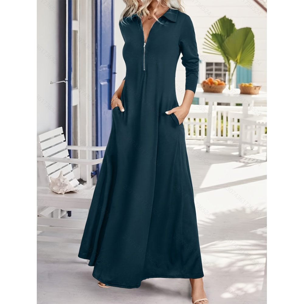 Womens Elegant Solid Maxi Dress With Pockets Simple Long Skirt Slim Long Sleeves Shirt Dress Spring 7