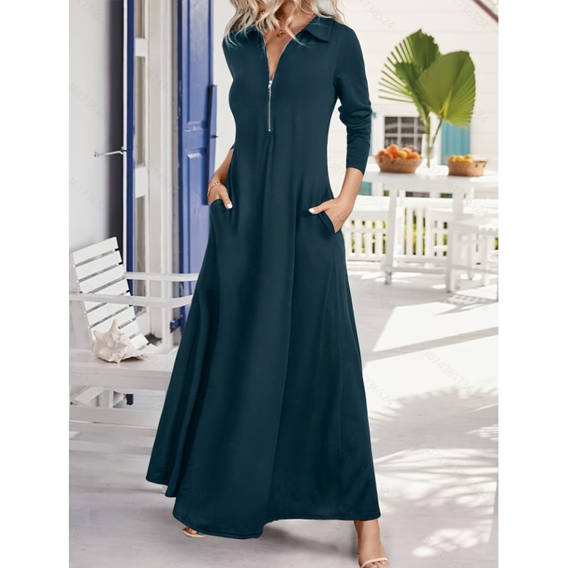 Womens Elegant Solid Maxi Dress With Pockets Simple Long Skirt Slim Long Sleeves Shirt Dress Spring 7