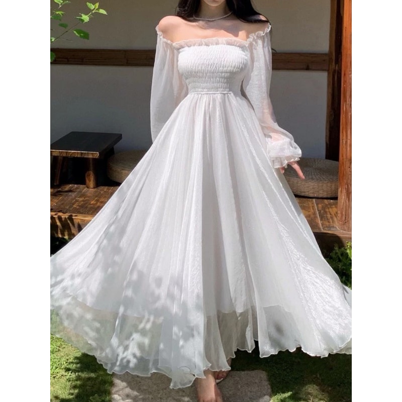 Horetong Elegant Maxi Dresses For Women White Off Shoulder Puff Long Sleeve Elastic High Waist Part 1