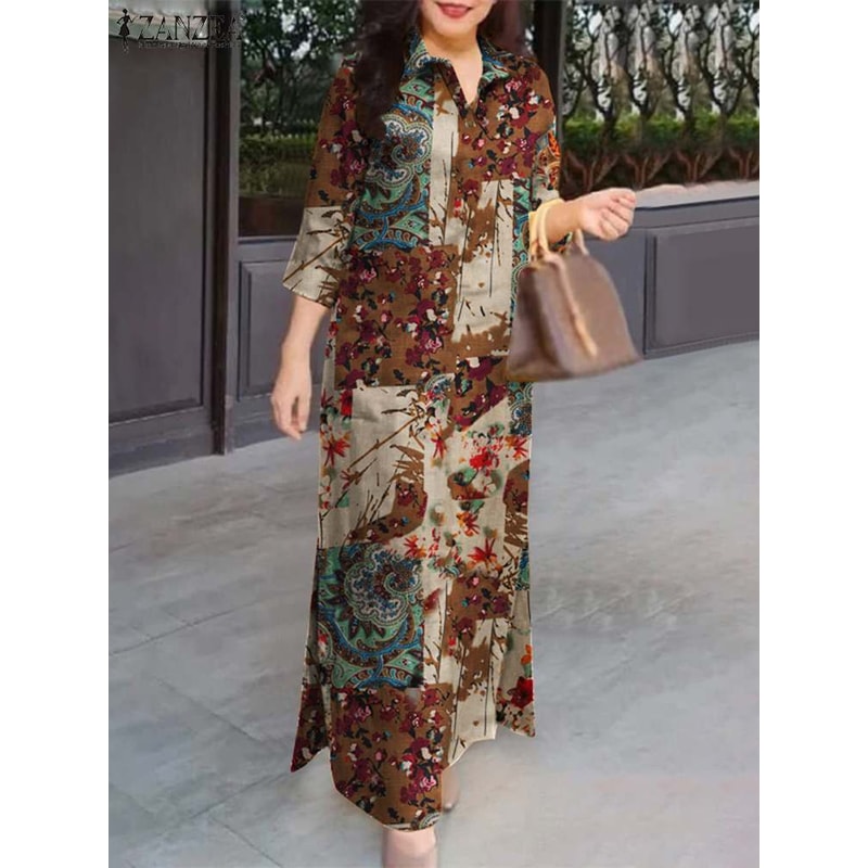 Autumn Cotton Maxi Sundress Women Fasihon Shirtdress Lapel Oversized Vintage Floral Print Sleeve Lo 3