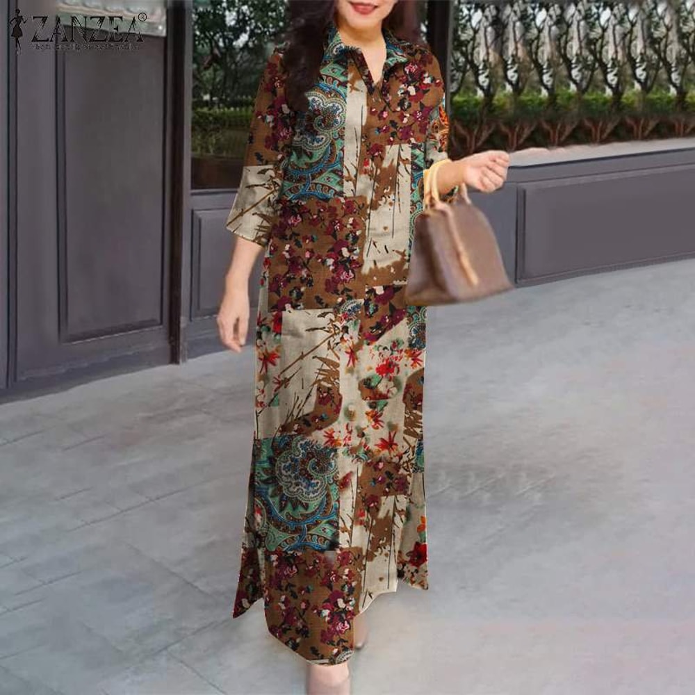 Autumn Cotton Maxi Sundress Women Fasihon Shirtdress Lapel Oversized Vintage Floral Print Sleeve Lo 2