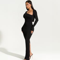 diagonal collar slim fitting party maxi dress for autumn women long sleeved elegant split style