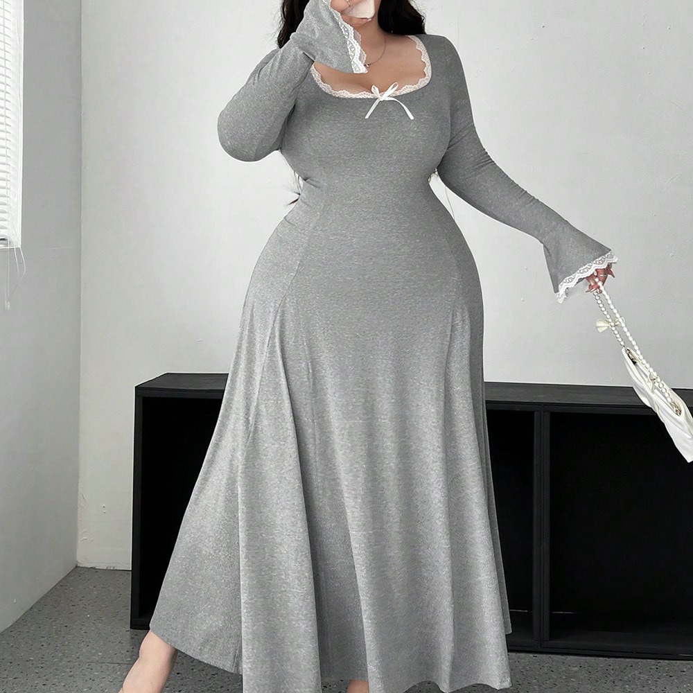 Plus Size Pure Color Knit Elegant Waist Slim ALine Draped Dress Maxi Women Outfit Casual Elegant Pu 1