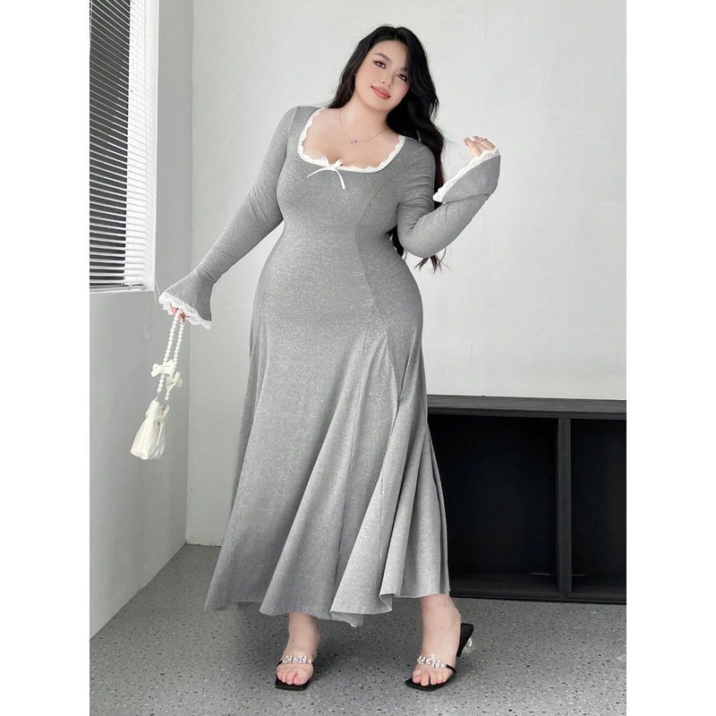 Plus Size Pure Color Knit Elegant Waist Slim ALine Draped Dress Maxi Women Outfit Casual Elegant Pu 2
