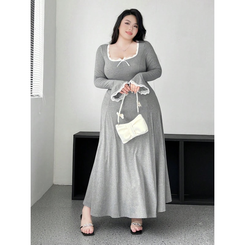 Plus Size Pure Color Knit Elegant Waist Slim ALine Draped Dress Maxi Women Outfit Casual Elegant Pu 0