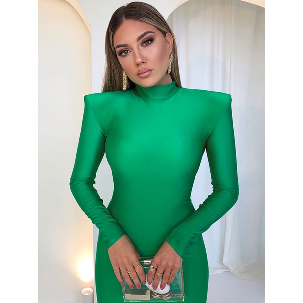 Bodycon Green Party Club Maxi Dress With Shoulder Padded Long Sleeve Spring Autumn Women Fashion El 3