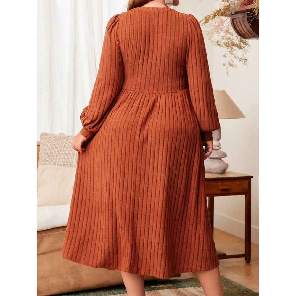 Solid Color Plus Size Womens Autumn And Winter Dresses Round Neck Long Sleeve Maxi Dress For Everyd
