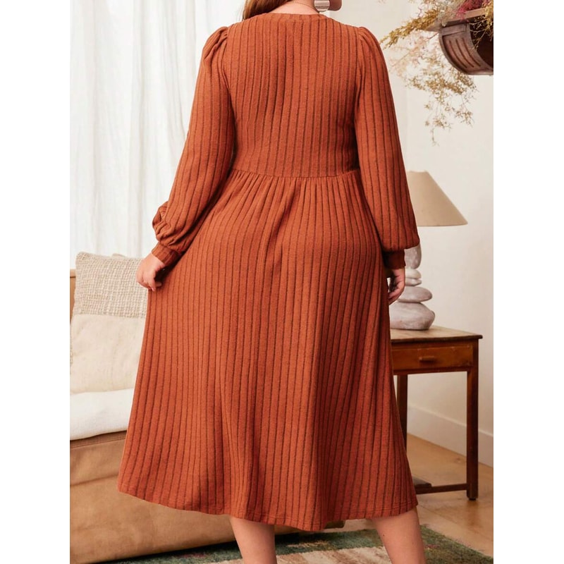 Solid Color Plus Size Womens Autumn And Winter Dresses Round Neck Long Sleeve Maxi Dress For Everyd