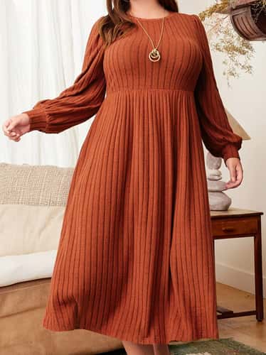 Solid Color Plus Size Womens Autumn and Winter Dresses, Round Neck Long Sleeve Maxi Dress for Everyday Wear