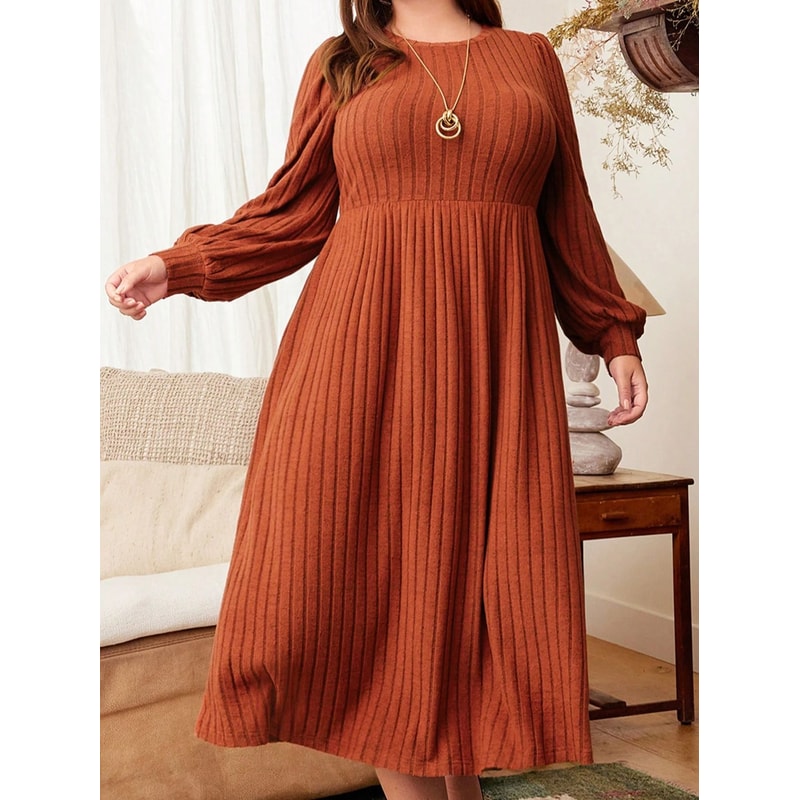 Solid Color Plus Size Womens Autumn And Winter Dresses Round Neck Long Sleeve Maxi Dress For Everyd