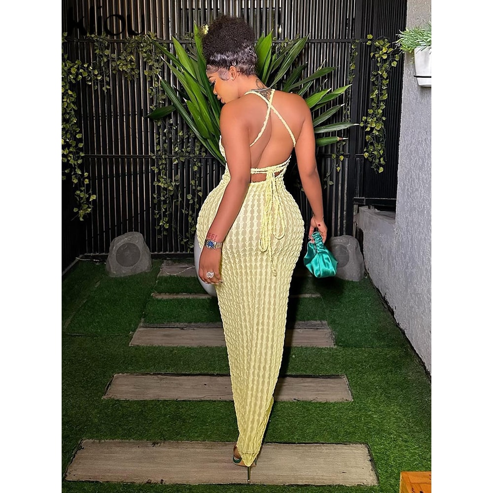 Bandage Maxi Dress Women Solid Ruched Spaghetti Strap Casual Sleeveless Backless Bodycon Party Dres 1