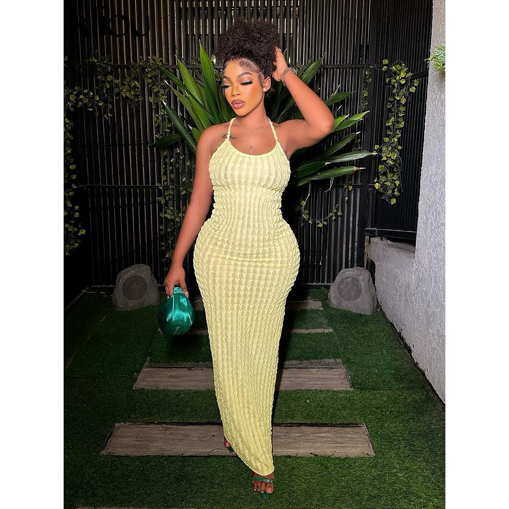 Bandage Maxi Dress Women Solid Ruched Spaghetti Strap Casual Sleeveless Backless Bodycon Party Dres 0