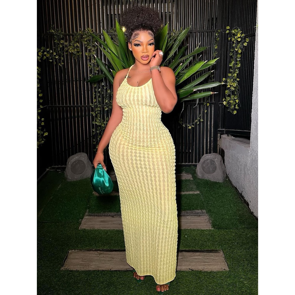 Bandage Maxi Dress Women Solid Ruched Spaghetti Strap Casual Sleeveless Backless Bodycon Party Dres 3