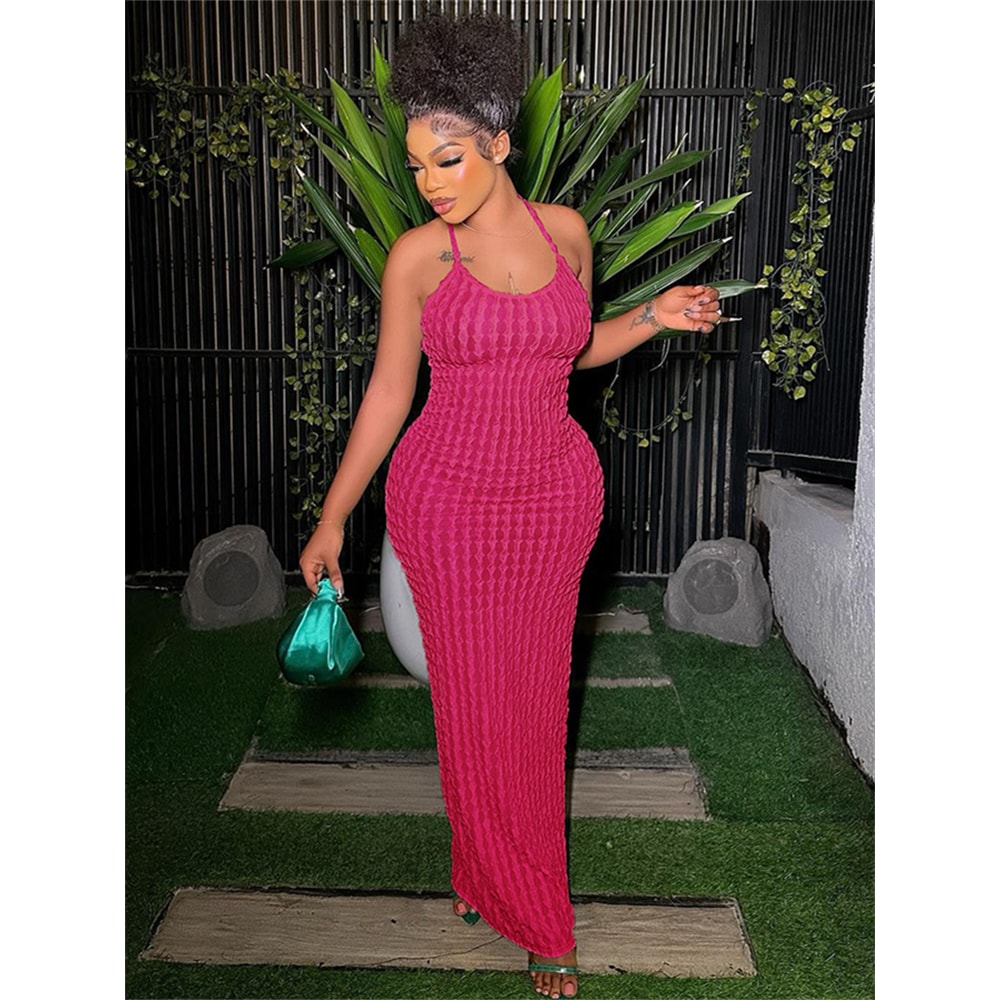 Bandage Maxi Dress Women Solid Ruched Spaghetti Strap Casual Sleeveless Backless Bodycon Party Dres 4