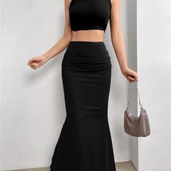 sexy solid bodycon ruched long skirt women black elastic elegant high waist mermaid maxi skirt summer streetwear