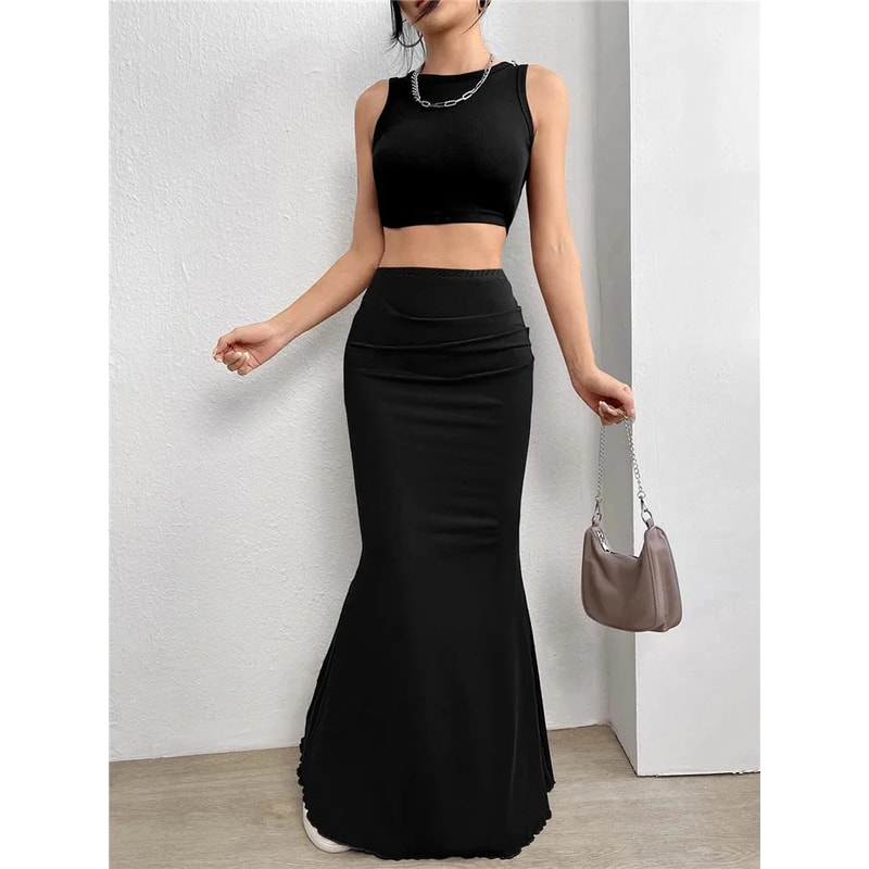 Sexy Solid Bodycon Ruched Long Skirt Women Black Elastic Elegant High Waist Mermaid Maxi Skirt Summ 0