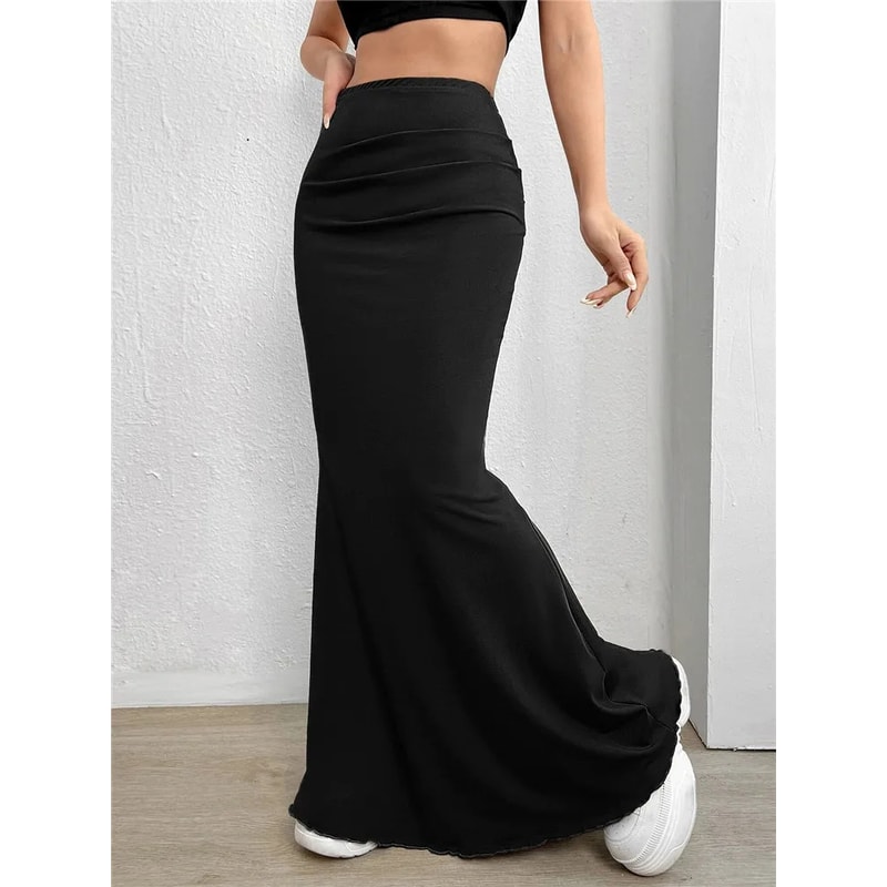 Sexy Solid Bodycon Ruched Long Skirt Women Black Elastic Elegant High Waist Mermaid Maxi Skirt Summ 2