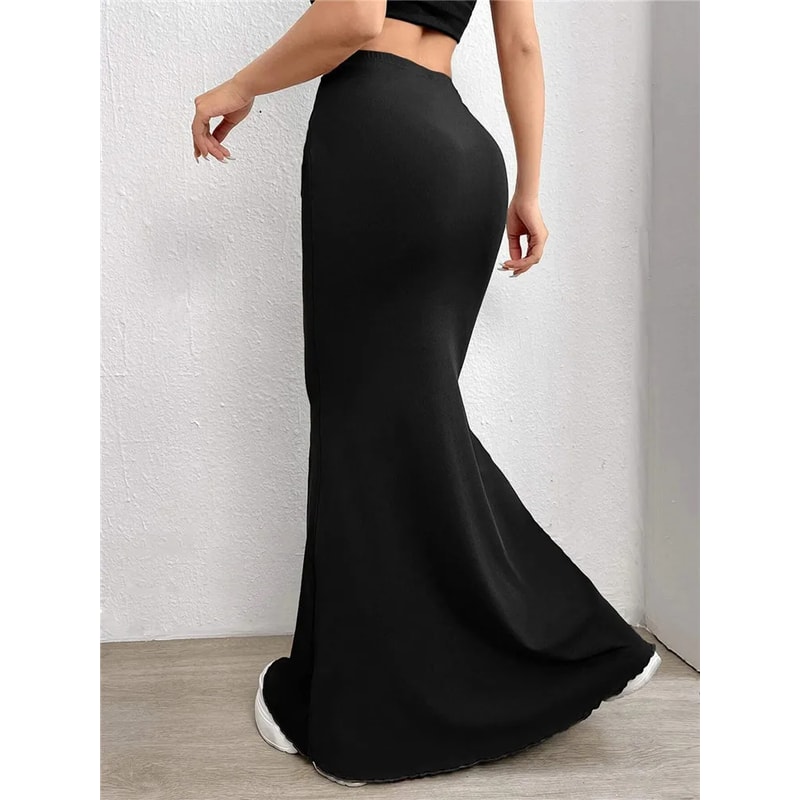 Sexy Solid Bodycon Ruched Long Skirt Women Black Elastic Elegant High Waist Mermaid Maxi Skirt Summ 3