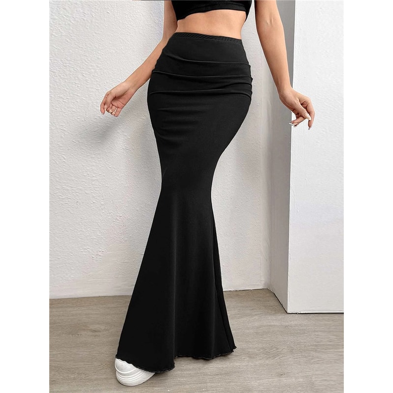 Sexy Solid Bodycon Ruched Long Skirt Women Black Elastic Elegant High Waist Mermaid Maxi Skirt Summ 4