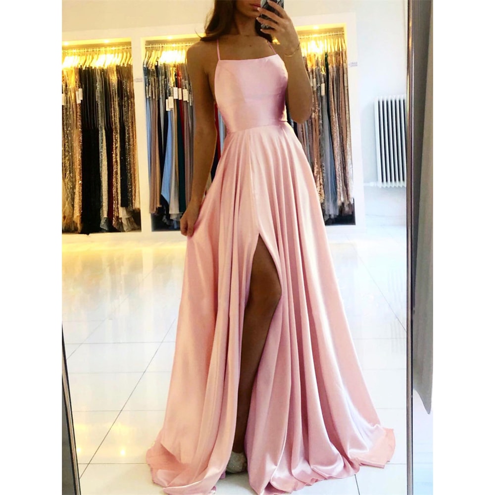 Women Burgundy Satin Beach Maxi Dress For Christmas Adjustable Straps Sexy Side Slit Prom Evening D 3